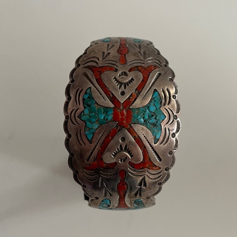 Vintage Native American silver cuff with turquoise and coral Bird motif